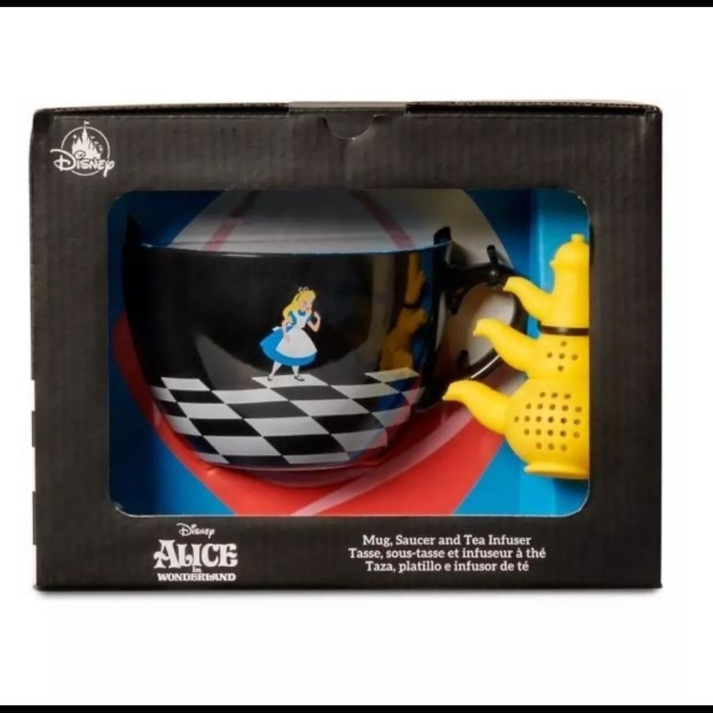 Disney Parks Alice in Wonderland Mug, Saucer and Tea Infuser Set (NEW IN BOX)